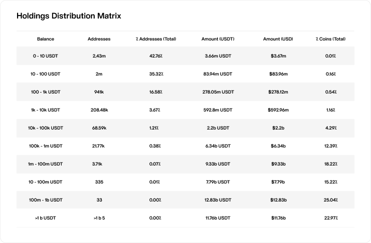 Holdings Disctribution Matrix for USDT - molecula.io